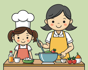 mother and son cooking