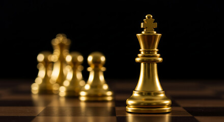 Golden king stands foremost on a dark chessboard, others blurred, emphasizing depth and shine. glow!
