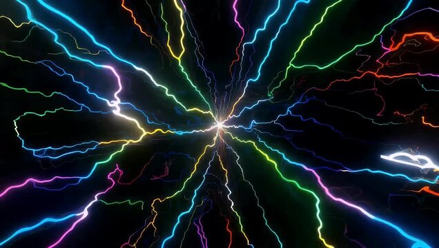 Abstract 4K visual effect featuring vivid colored lightning or lines of energy dramatically appearing and concentrating in the central area of a dark screen and moving horizontally with these