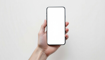 A hand holds a modern smartphone with a completely white, blank screen against a light background. Perfect for mockups and UI/UX demos.