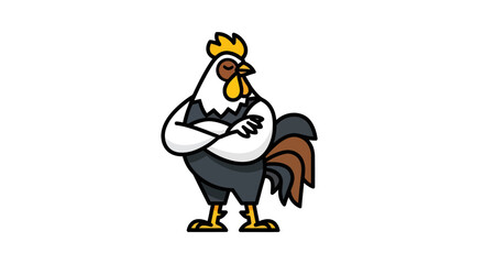 Cartoon rooster character with crossed arms isolated on white background