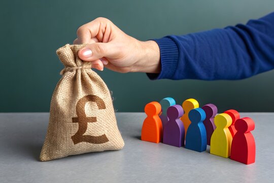 A businessman holds a british pound sterling money bag near a group of people figurines. Social support concept. Preferential loans for entrepreneurs and businesses.