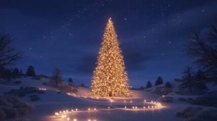 Noel's Serenade: A radiant Christmas tree glows brightly beneath a starlit night, casting a magical illumination over a snow-covered landscape. Embracing the spirit of winter's joy.