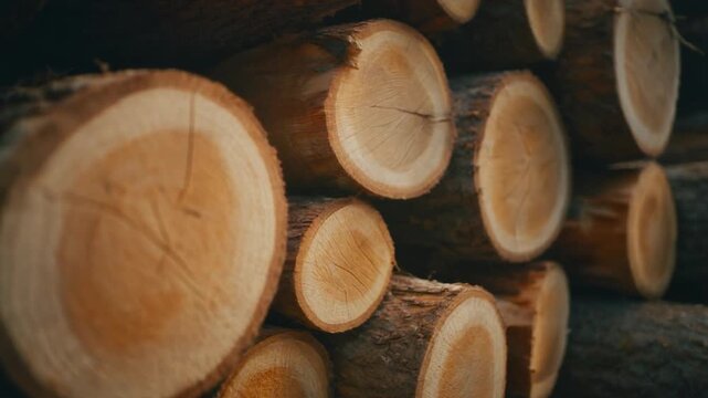 Pile of cut logs ready for processing, showing wood grain and texture for lumber