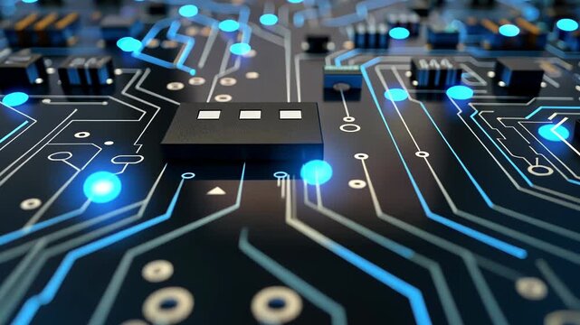 Numerous blue LED lights illuminate complex circuit board against dark background, showcasing intricate electronic engineering, evoking futuristic atmosphere, technological advancement