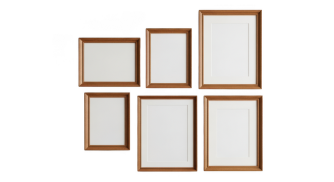 Various empty wooden picture frames with white mat boards, ready for custom artwork or photos.