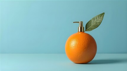 Creative spray bottle shaped like an orange on blue background, conceptual fruit packaging design for freshness, branding, and product advertising