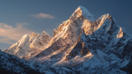 Majestic snow-capped mountain peaks at sunrise