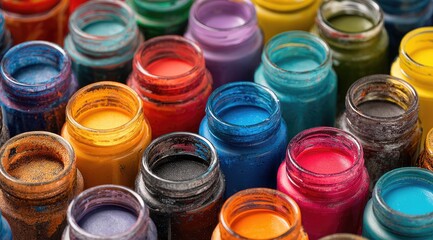 Multicolored paint jars in neat rows, filled with vibrant hues