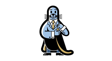 Cartoon seal character in business attire holding a pocket watch