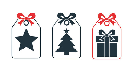Set of three festive christmas gift tags with bows featuring a star tree and present illustration