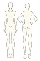 Female figures illustration front and back view technical flat design vector mockup template.