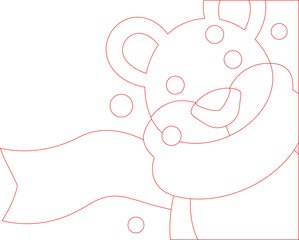 Red Outline of a Bear with Scarf and Circle Decorations on White Background