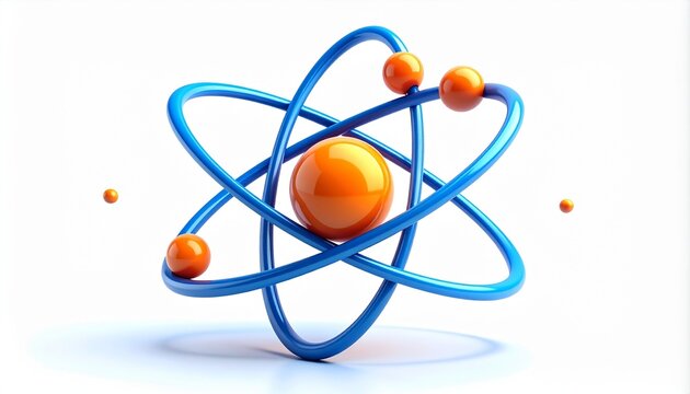 The blue 3D atom icon is an abstract symbol of science and technology, representing the nuclear structure with protons, neutrons, and orbiting electrons