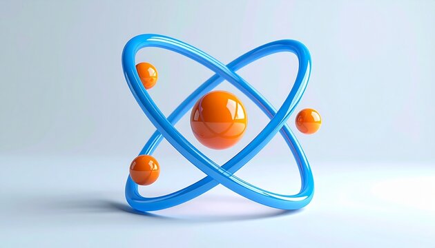 An atom icon isolated on white background shows the basic structure of science and technology with electron and nucleus symbols for research in chemistry and physics