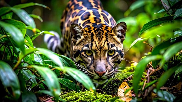 Clouded Leopard Stalking Through Lush Green Jungle Foliage.