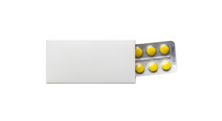 White medicine box with a blister pack of yellow pills. pharmacy and healthcare concept.