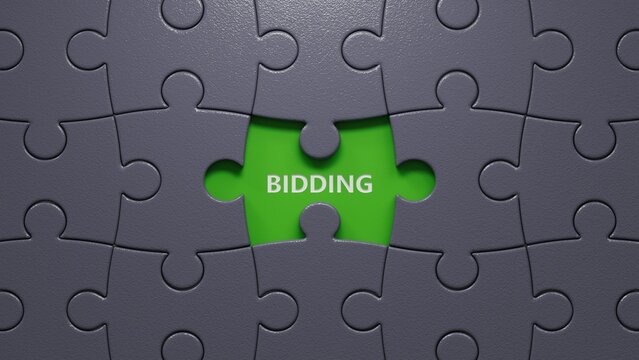 The word bidding written on puzzle pieces with missing piecess. Business and finance concept.close up of puzzle pieces with missing pieces,Business Concept.3D rendering.