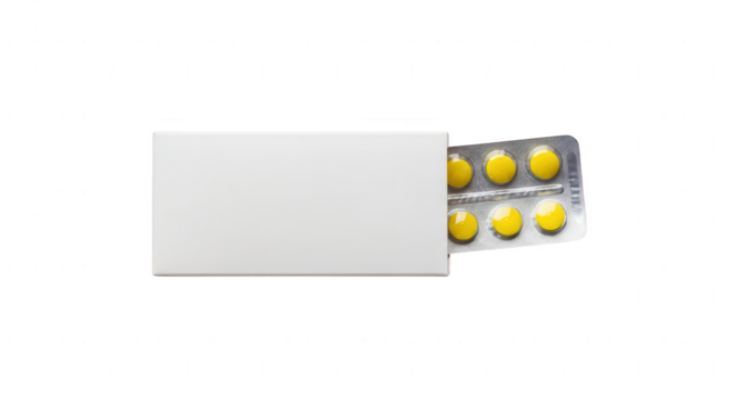 White medicine box with a blister pack of yellow pills. pharmacy and healthcare concept.