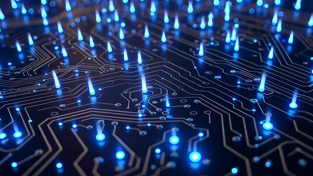 close-up reveals circuit board densely populated with tiny blue LED lights, creating modern, intricate design against dark backdrop, evoking technological precision and cool atmosphere, innovation