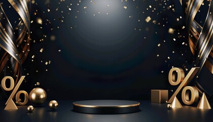 Luxury black friday background showcases floating gold elements with dramatic spotlight illumination