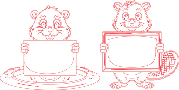 Two Outlined Beavers Holding Blank Signs, One in Water, Perfect for Custom Text or Design Addition - Powered by Adobe