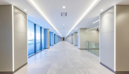 Brightly lit, empty modern hallway with clean lines, leading to a vanishing point, showcasing contemporary architectural design