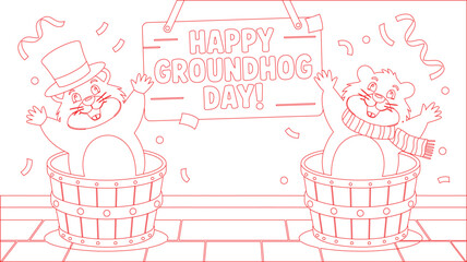 Fototapeta premium Two Red Outline Groundhogs in Buckets Celebrating Happy Groundhog Day with Confetti and Tile Floor