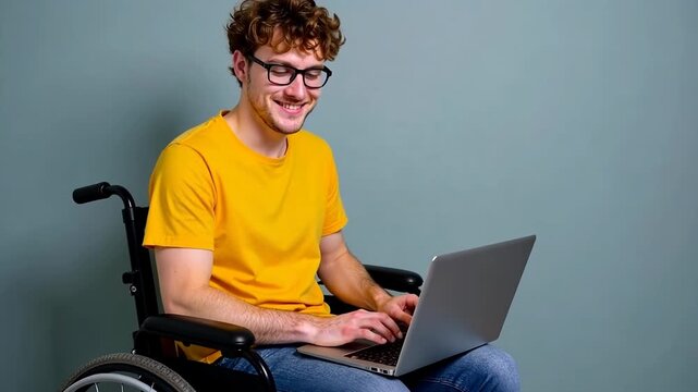 young Caucasian man in wheelchair smiles at camera wearing yellow t-shirt against light gray backdrop, symbolizing positivity and modern technology, joyful inclusivity, winter holiday spirit