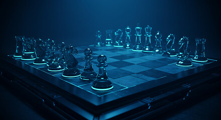 Blue-lit glass chessboard gleams under a neon glow, translucent pieces aligned on a slick surface.