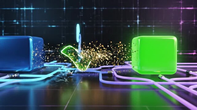 3D visualization: money particles flow from blue cube to green cube through a network, forming a checkmark.