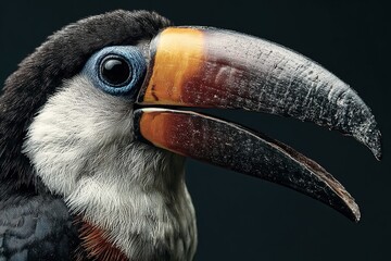 Obraz premium Close-up portrait of toucan with large beak and detailed feathers against dark background