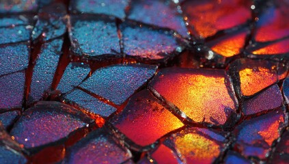 Fractured mosaic. Iridescent shards glow in orange, blue, and red hues