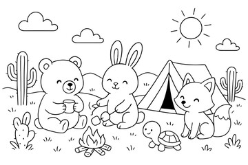 Cute Cartoon Animals Camping Together by Tent and Campfire with Sun and Clouds