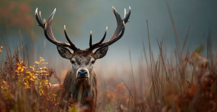 Majestic red deer stag in autumnal forest