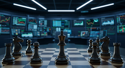 A chessboard sits on a glossy desk; a wall of monitors glows, casting cool light and long shadows..