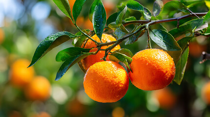 Ripe oranges hanging on a sunlit branch with green leaves citrus fruit