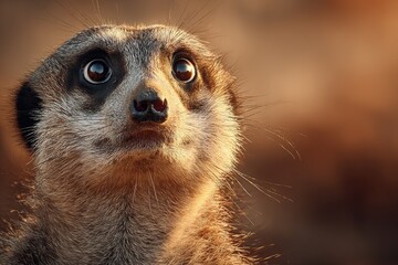 Fototapeta premium Close-up portrait of meerkat looking up with curious eyes and warm light on fur