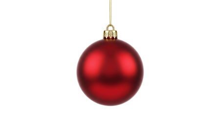 A single, classic red Christmas ornament hanging against a plain white background