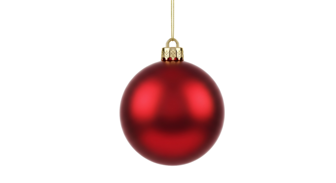 A single, classic red Christmas ornament hanging against a plain white background