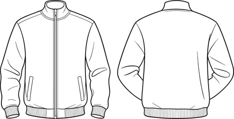 Technical flat sketch of zip-up jacket, high collar design, fashion template, garment construction drawing, apparel illustration, clothing blueprint, vector outline, pocket details