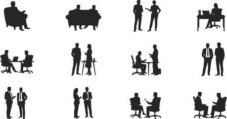 Business interaction silhouettes, office meeting icons, professional posture set, black vector graphics, workplace communication, corporate people illustration pack