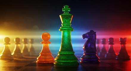 Vibrant translucent chess pieces glow on a glossy board against a neon gradient backdrop. Rich hues