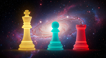 Three sculpted chessmen glow against a cosmic backdrop, vivid yellow, teal, and crimson. under stars