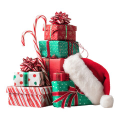 Christmas presents stack with Santa hat and candy canes isolated on Transparent Background