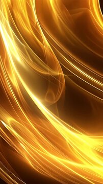 Abstract pattern of swirling yellow and orange lines against dark backdrop, conveying warmth and energy, ideal for graphic design, autumn hues, vibrant, dynamic, fluid composition, joyful movement
