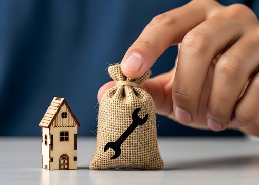 A man with a money bag containing funds for home renovation concept. Boost property value. Make better living conditions. Budgeting and financial planning. Home improvement and repairs. 