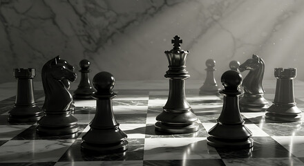 Monochrome chessboard bathed in a single spotlight, dramatic kings and pawns, cast deep shadows now