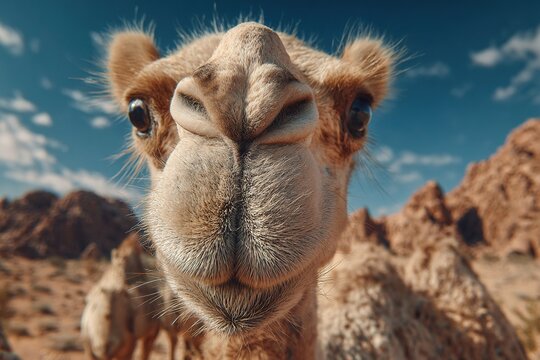 Cinematic close-up portrait of camel in desert landscape with curious face and blue sky - Powered by Adobe