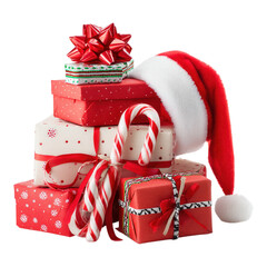 Christmas presents stack with Santa hat and candy canes isolated on Transparent Background